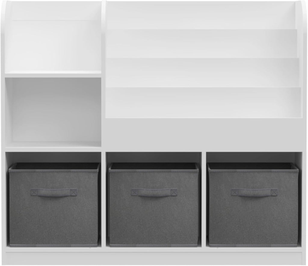 Bookcase and Storage Organizer with 3 Fabric Drawers – Wooden Bookshelf Display Rack for Toddlers and Children, Reading Corner Storage Shelf for Bedroom, Playroom, Nursery, Grey