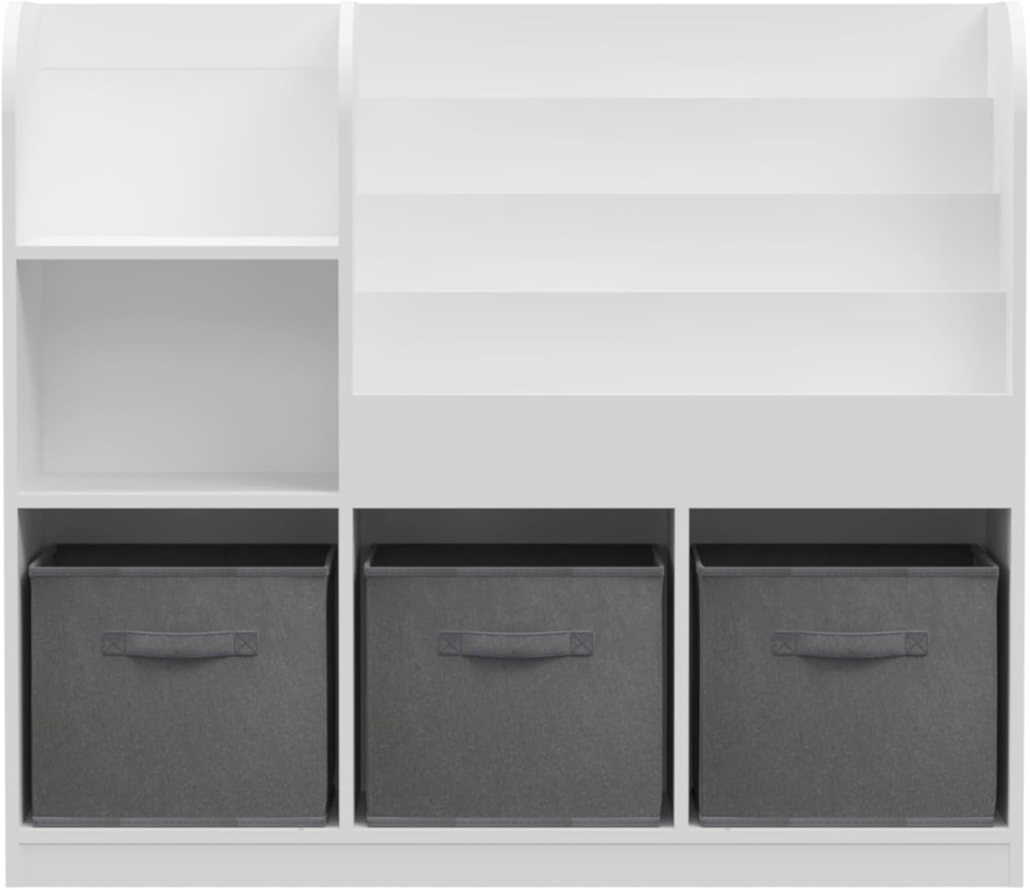 Bookcase and Storage Organizer with 3 Fabric Drawers – Wooden Bookshelf Display Rack for Toddlers and Children, Reading Corner Storage Shelf for Bedroom, Playroom, Nursery, Grey