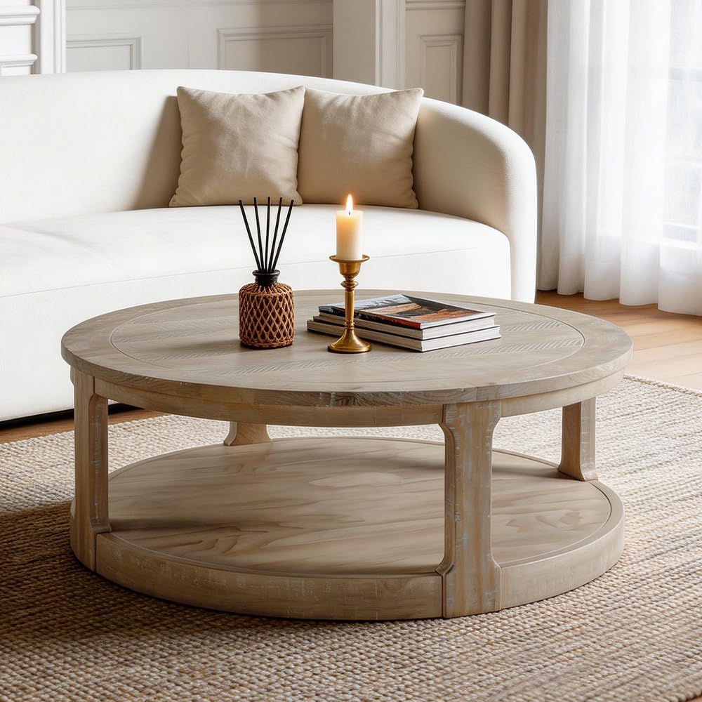 WILLIAMSPACE 40' Round Coffee Table with Wheels, Circle 2 Tier Solid Wood Center Coffee Table, Mid Century Retro Farmhouse Rounded End Table for Living Room Apartment, ø40 x 17.52' H (Oak)