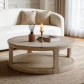 WILLIAMSPACE 40' Round Coffee Table with Wheels, Circle 2 Tier Solid Wood Center Coffee Table, Mid Century Retro Farmhouse Rounded End Table for Living Room Apartment, ø40 x 17.52' H (Oak)