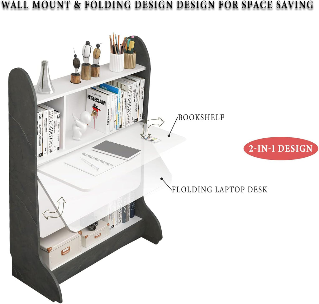 Pmnianhua Folding Wall Desk, Space Saving Removable Wall Desks with Storage Shelf Study Writing Table Freestanding Desk for Bedroom Small Space