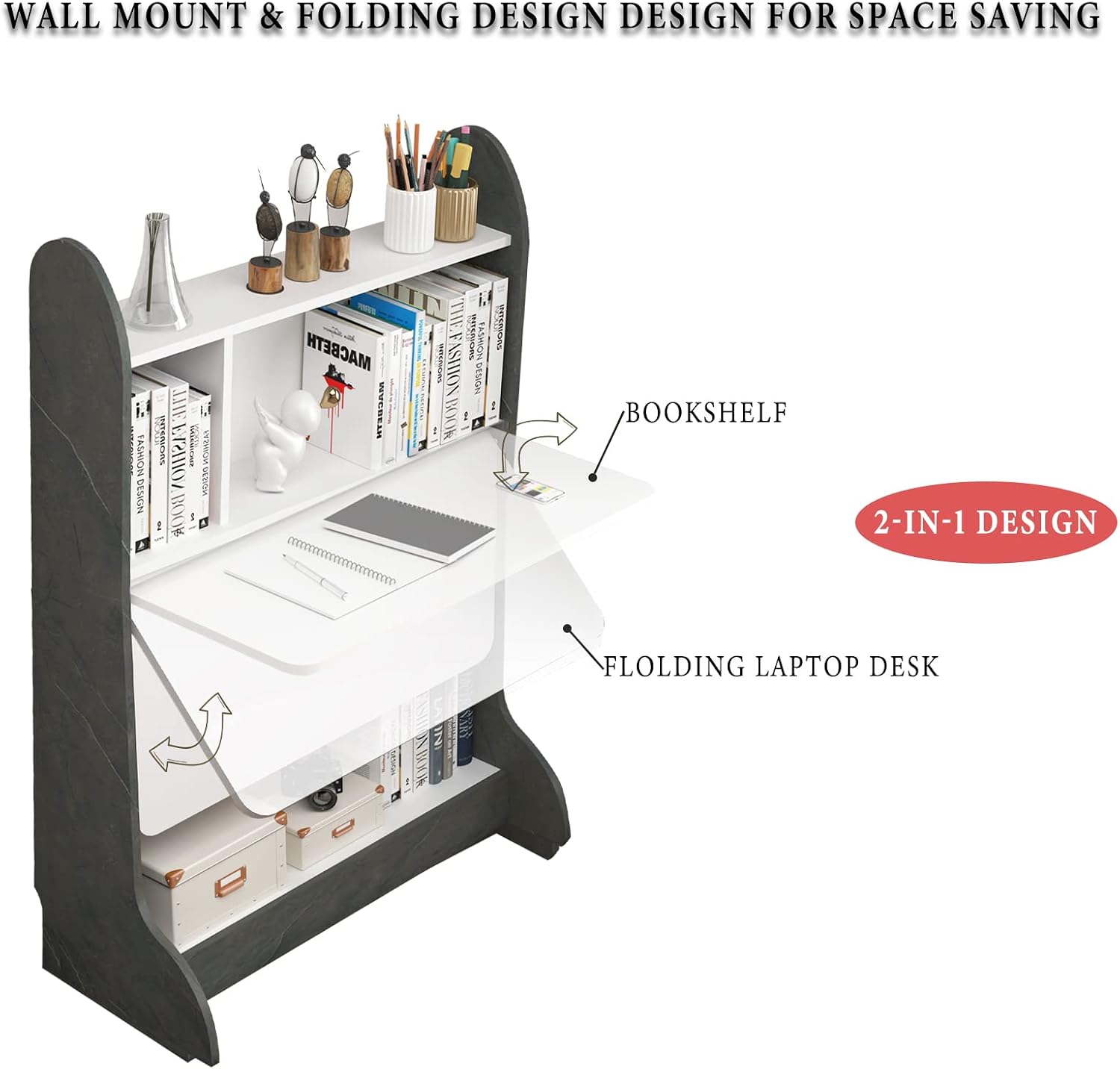 Pmnianhua Folding Wall Desk, Space Saving Removable Wall Desks with Storage Shelf Study Writing Table Freestanding Desk for Bedroom Small Space