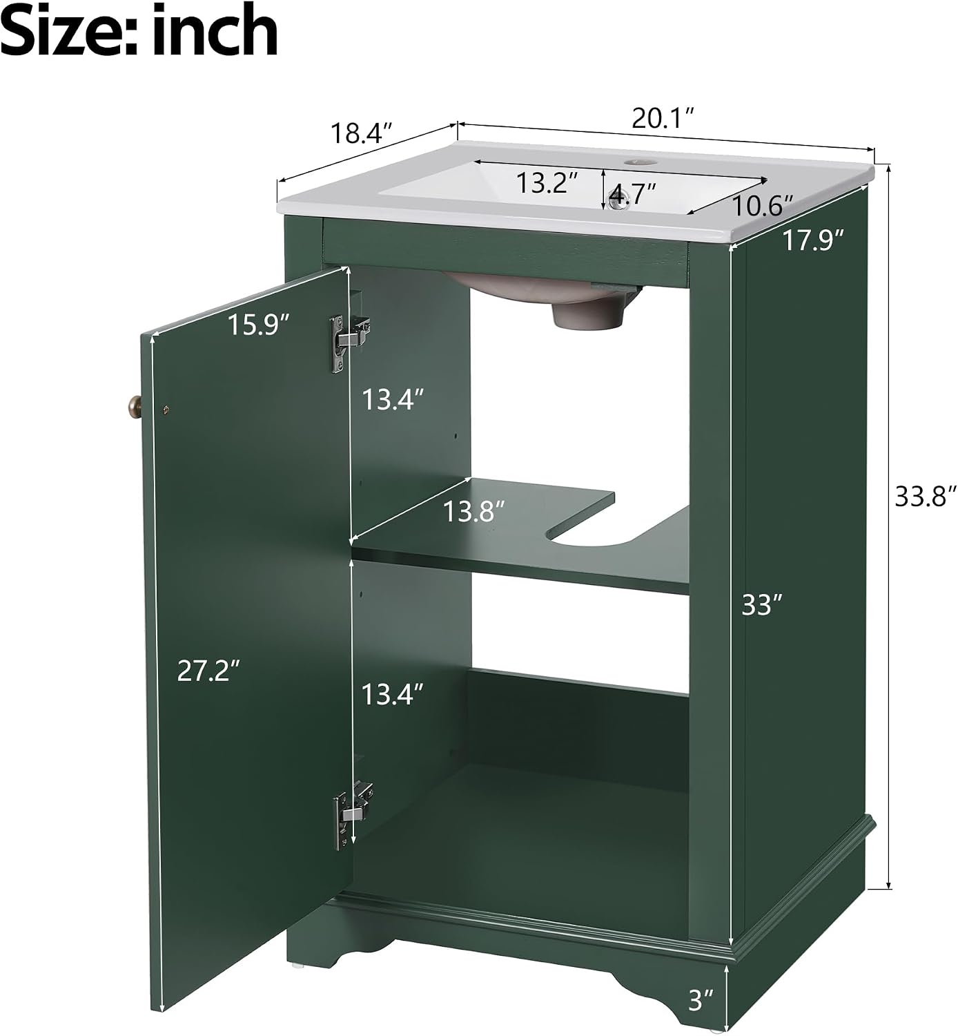 Merax 20' Narrow Bathroom Vanity with Ceramic Sink, Freetanding Modern Single Vanity Set with Soft Closing Door and Adjustable Shelf (Green)