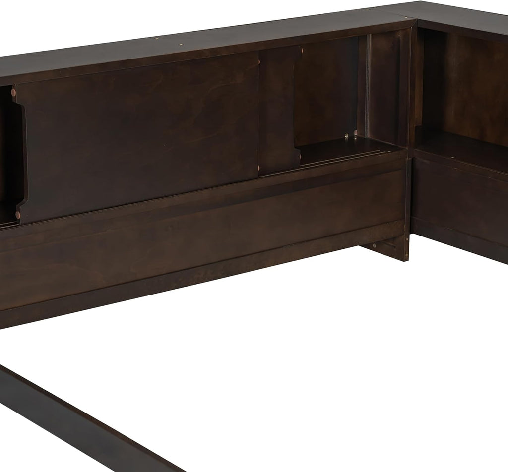 MERITLINE Queen Size Corner Bed Frame with Storage Bookcase & Shelves, Wood L-Shaped Daybed with LED Lights, USB Ports and Headboard, No Slats, Brown