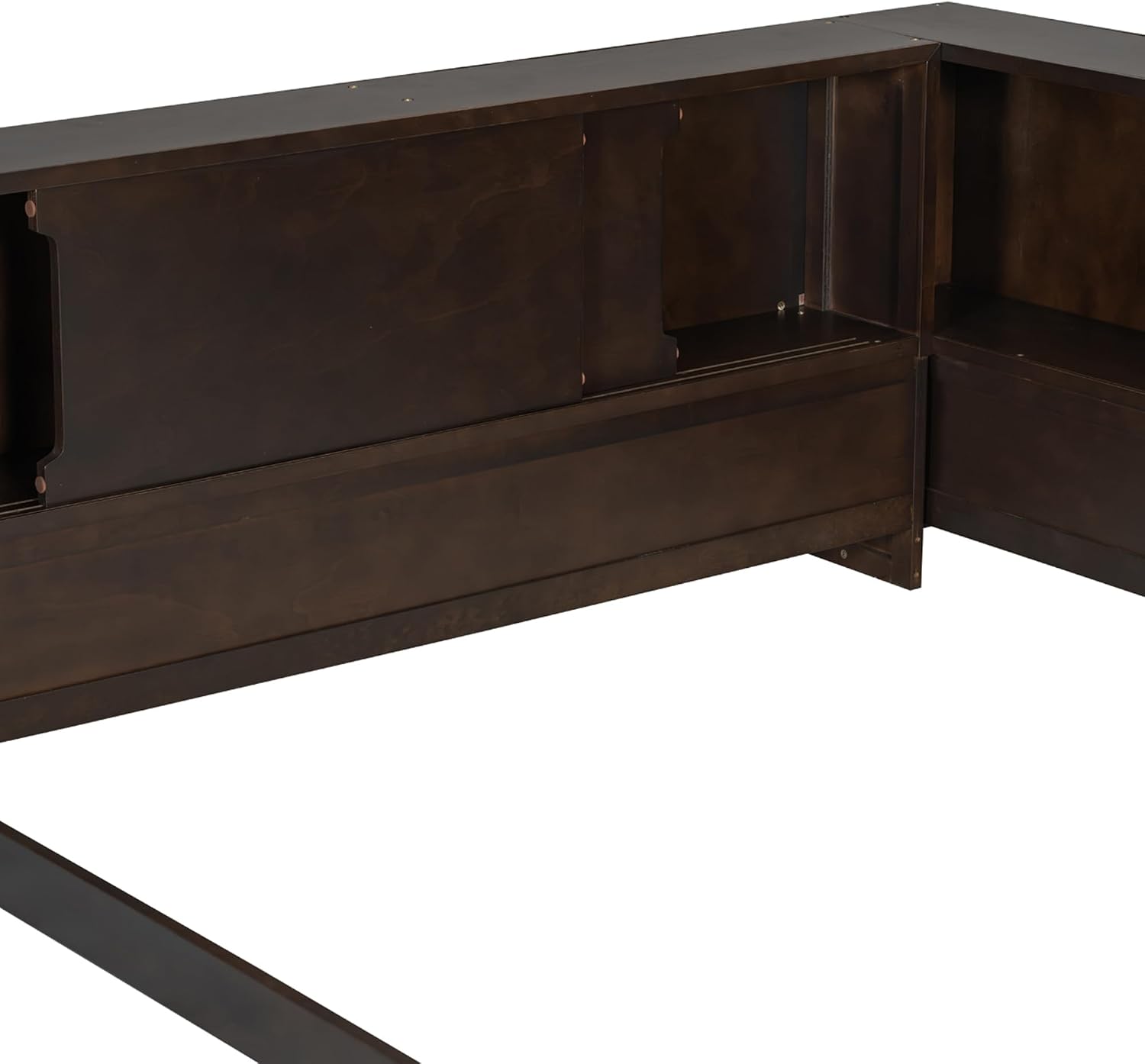 MERITLINE Queen Size Corner Bed Frame with Storage Bookcase & Shelves, Wood L-Shaped Daybed with LED Lights, USB Ports and Headboard, No Slats, Brown