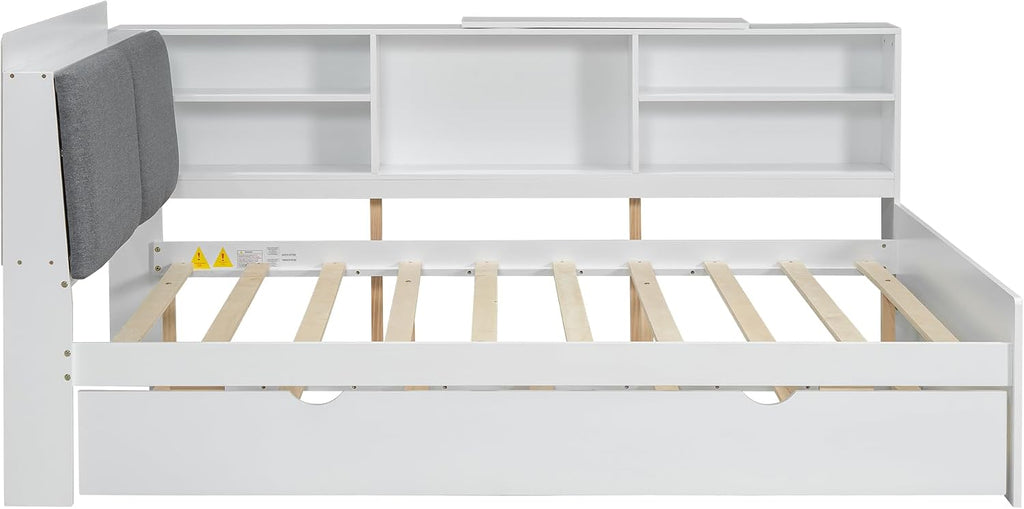 Full Size Bed with Storage Headboard, Full Daybed with Trundle and L-Shaped Shelves, Solid Wood Corner Platform Bed Frame with Storage for Apartment Bedroom, White