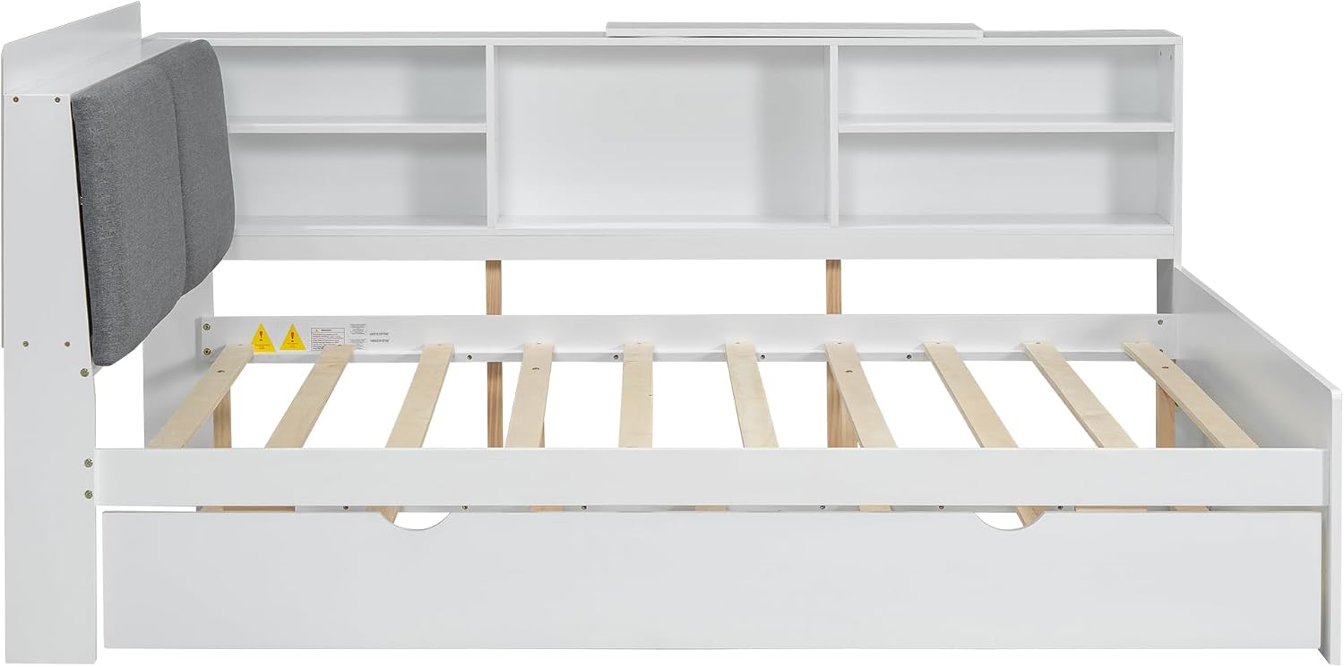 Full Size Bed with Storage Headboard, Full Daybed with Trundle and L-Shaped Shelves, Solid Wood Corner Platform Bed Frame with Storage for Apartment Bedroom, White