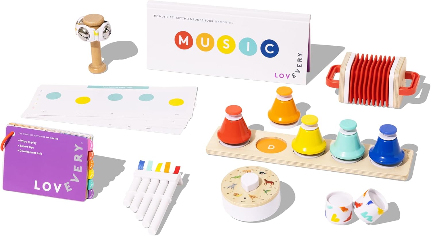 Lovevery Music Set with 6 Instruments, Songs Book, Buddy Stroller Wooden Pretend Play Toy for Toddlers Ages 12 Months to 4+ Years