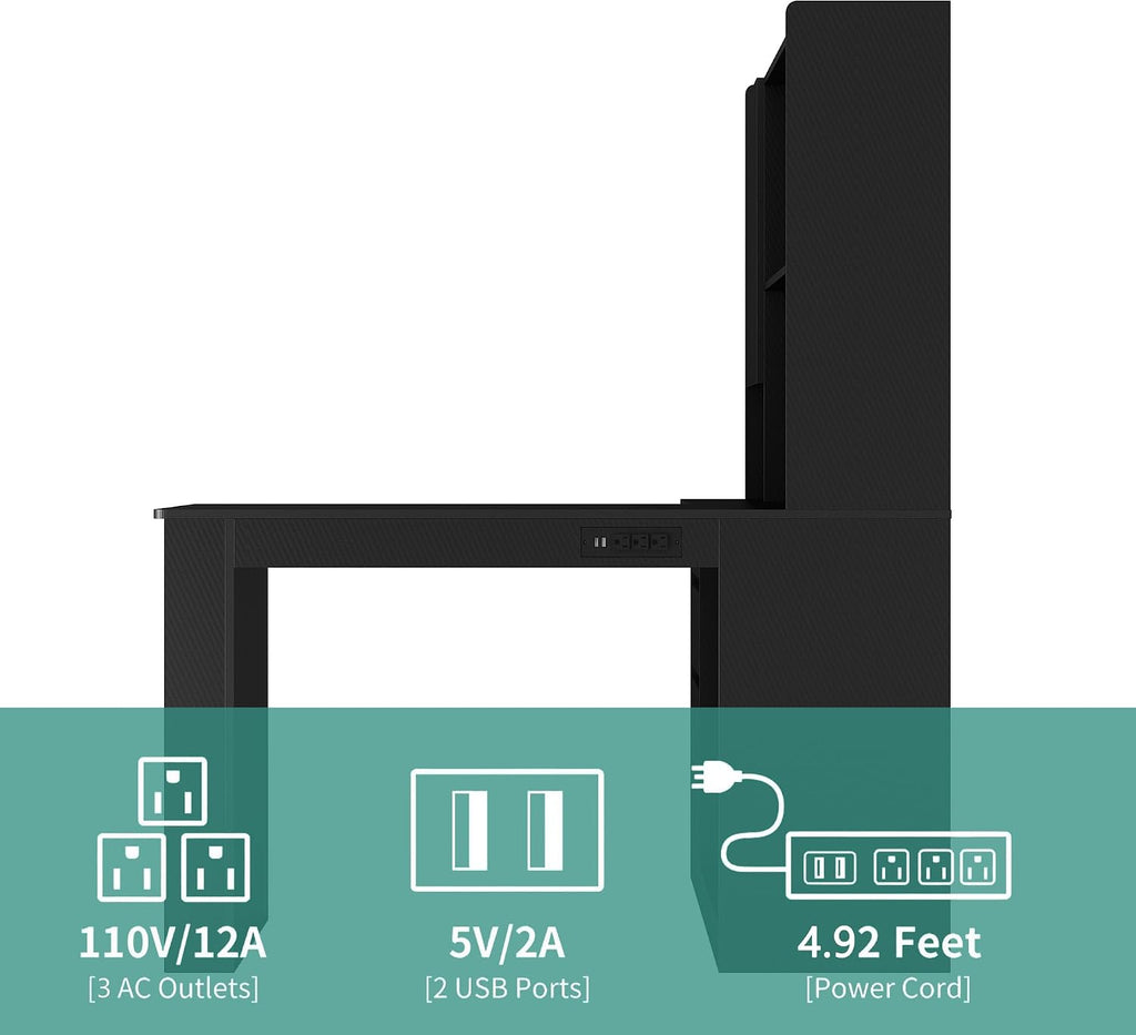 Black L-Shaped Home Office Desk with Hutch & Drawers, Modern Corner Desk with LED Light & Bookshelf, Wood Study Writing Table Gaming Computer Desk for Bedroom, Home