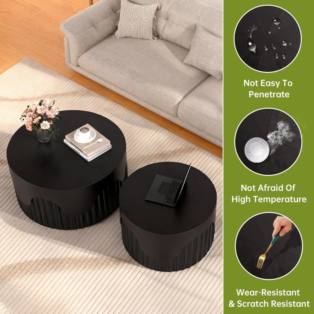 Round Nesting Coffee Table Modern Black Fluted Coffee Table Set of 2 Stripe Round Coffee Tables Drum Crescent Side Table Accent End Table for Living Room (Black C Large)