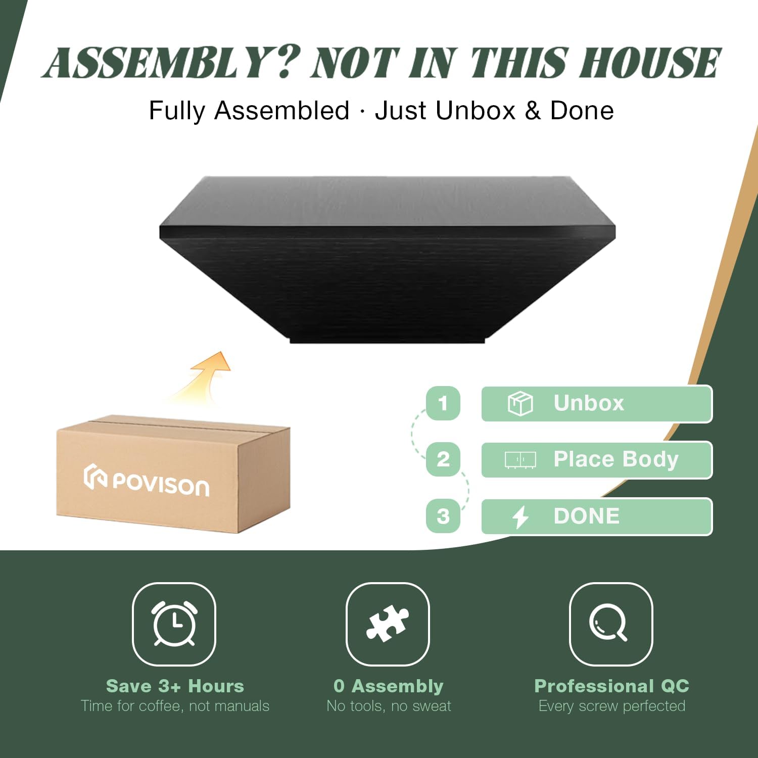 POVISON Modern Coffee Tables for Living Room, Square Coffee Table with Storage, Wood Coffee Table with Drawers, 39.4' Black Trapezoidal Living Room Tables for Home Office, Fully Assembled