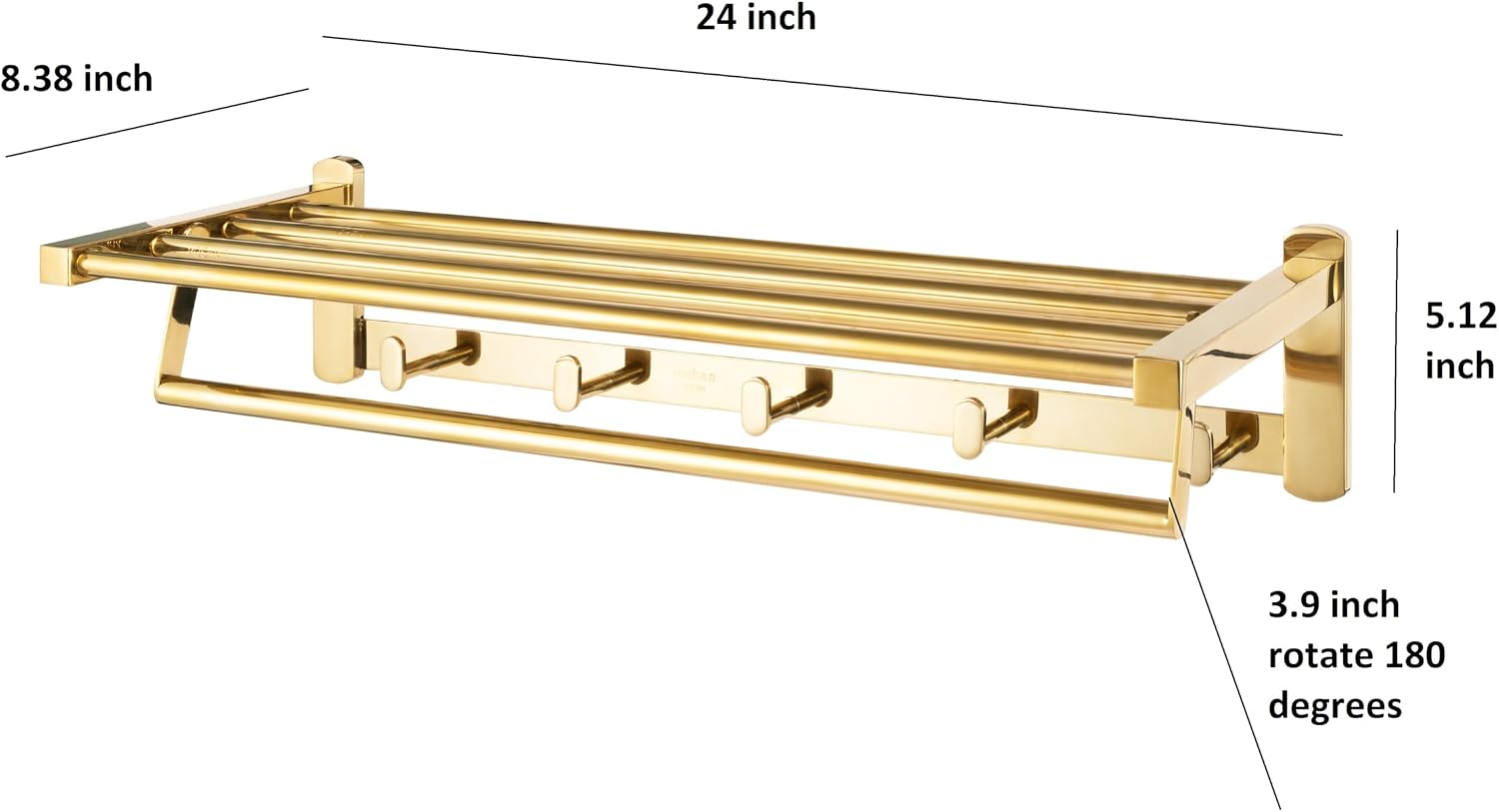Roshan Handcrafted and Hand Polished Multi Purpose Towel Rack, Rust Proof and Peel Resistant Towel Shelf, Includes 2 Handmade Hooks (6-Piece Gold)