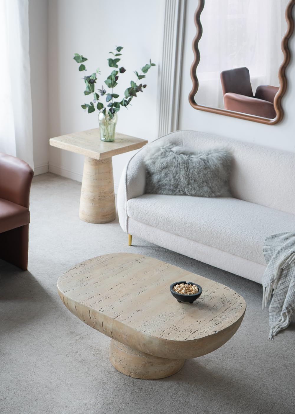 WILLIAMSPACE 36' Oval Coffee Table, Modern Faux Stone Circle Center Table Accent Travertine Tea Table for Living Room, Magnesium Oxide, Cream