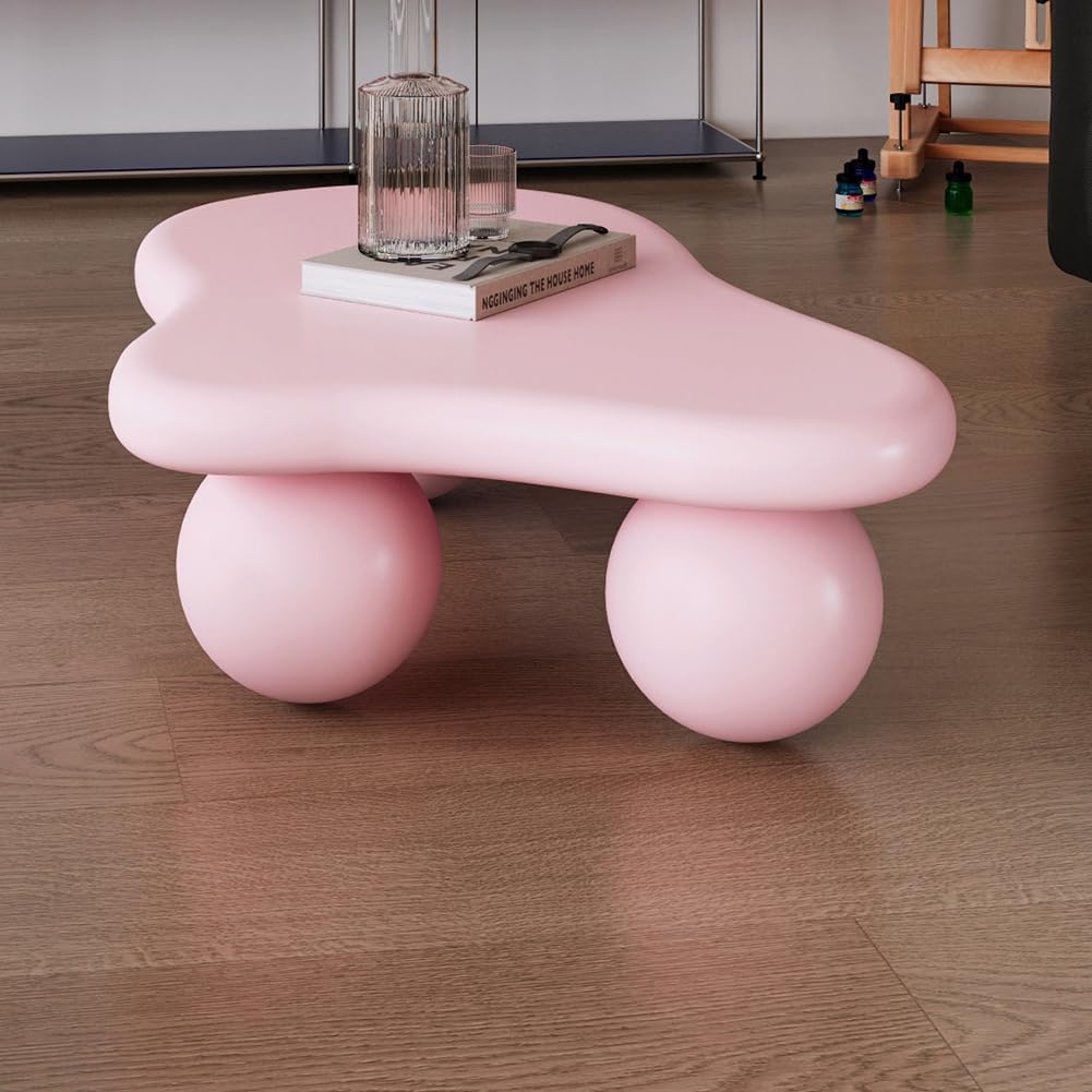 40' Cloud Coffee Table for Living Room Irregular Coffee Table Modern Low Coffee Tables Cute Center Table with 3 Ball Legs for Small Space Apartment Cream Pink