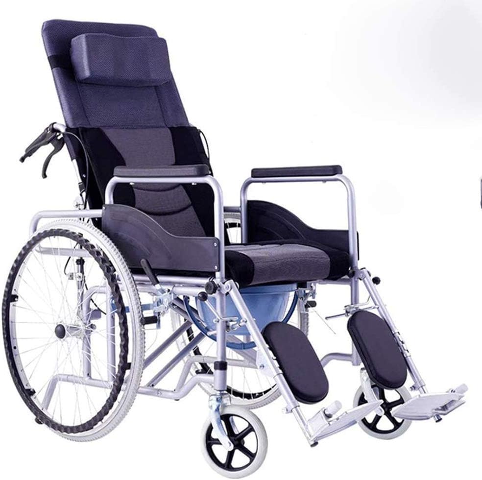 Wheelchair High Backrest Fold Self-Propelled, Portable with Toilet No Need for Pneumatic Tires Lying Down Senior/Disabled Trolley Scooter,Portable