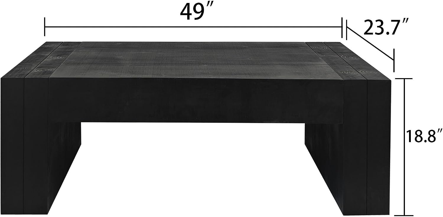 SSLine Rustic Wood Coffee Table Farmhouse 49.4' Rectangular Cocktail Center Table for Living Room Thicken Fir Wood Table Top (Black Wood Grain)