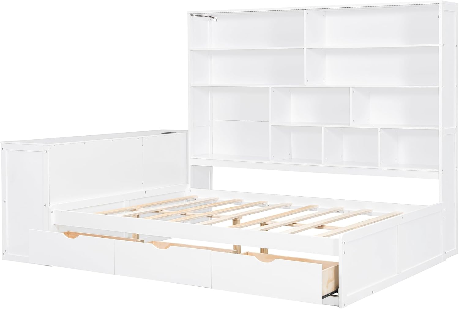 SOFTSEA Full Size Corner Day Bed with Drawers, Desk & Bookcase, Wood L Shaped Daybed with LED Lights and USB Ports for Kids Teens Adults, No Box Spring Needed, White