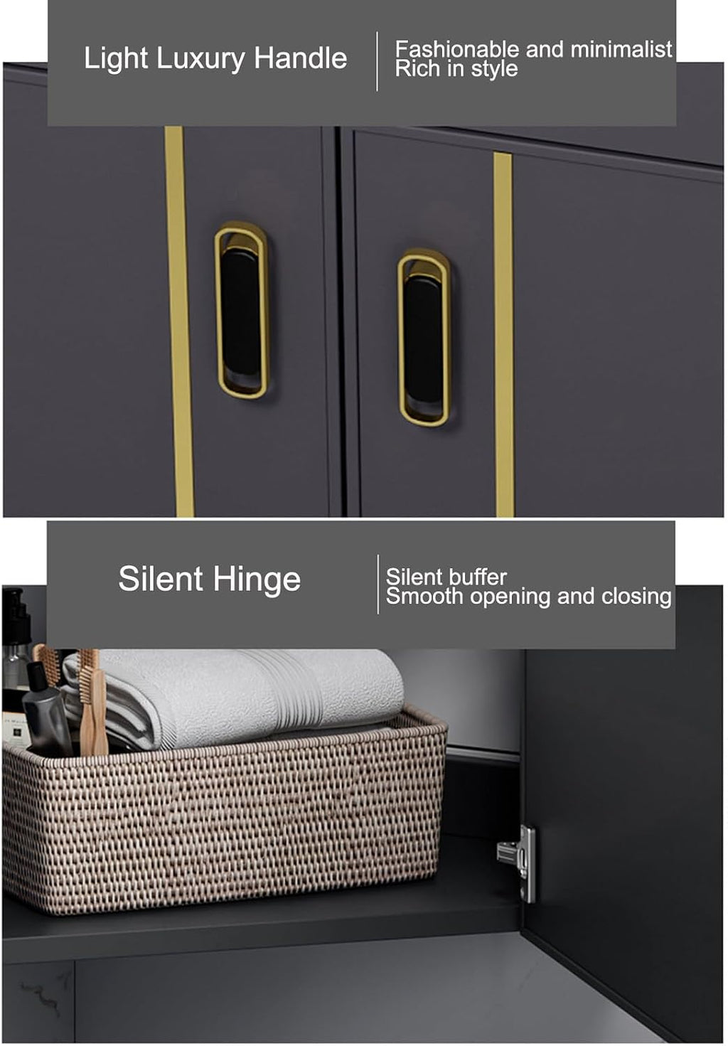 Bathroom Vanity Cabinet,Small Wall Mount Corner Sink,Bathroom Vanity w/Rock Board Top,Bathroom Ceramic Triangle Wall Mounted Mini Vanity Space Sink with Soft-Close System and Black Faucet(Black)