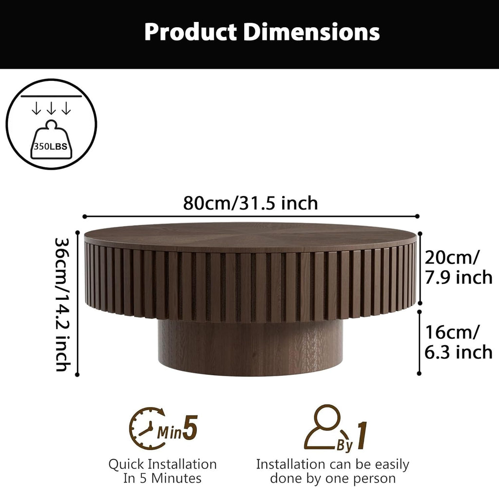 31.5'' Round Drum Coffee Table Circle Fluted Coffee Tables with Storage Modern Handcrafted Fluted Centry Table for Living Room Apartment Small Space