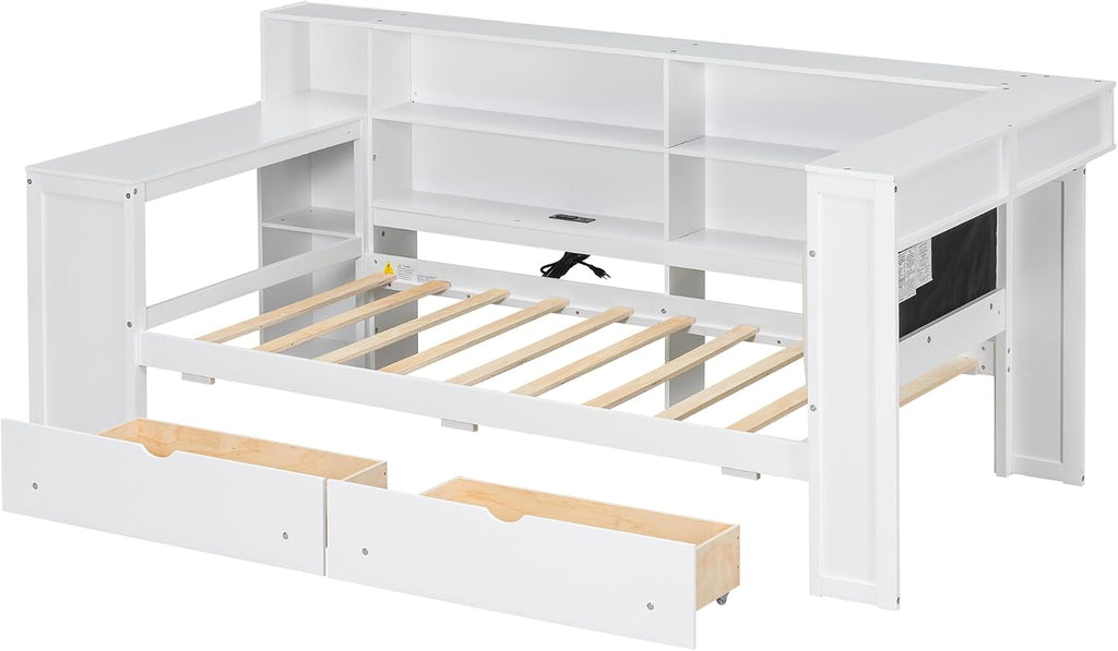Wood Twin Size Daybed with Storage Shelves and Desk, L-Shaped Corner Platform Bed Frame with Upholstered Headboard and 2 Drawers for Office Living Room Bedroom, Space-saving (White-7.16, Twin)