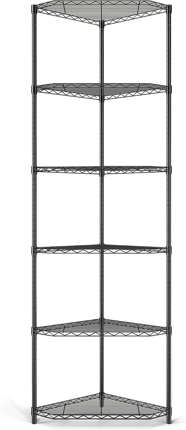 Dolonm 6 Tier Corner Shelf, NSF Wire Shelving Unit, 600 LBS Corner Storage Shelf, 20' D x 20' W x 72' H, Corner Shelves, Heavy Duty Corner Standing Shelves, Height Adjustable Rack, Pentagonal, Black