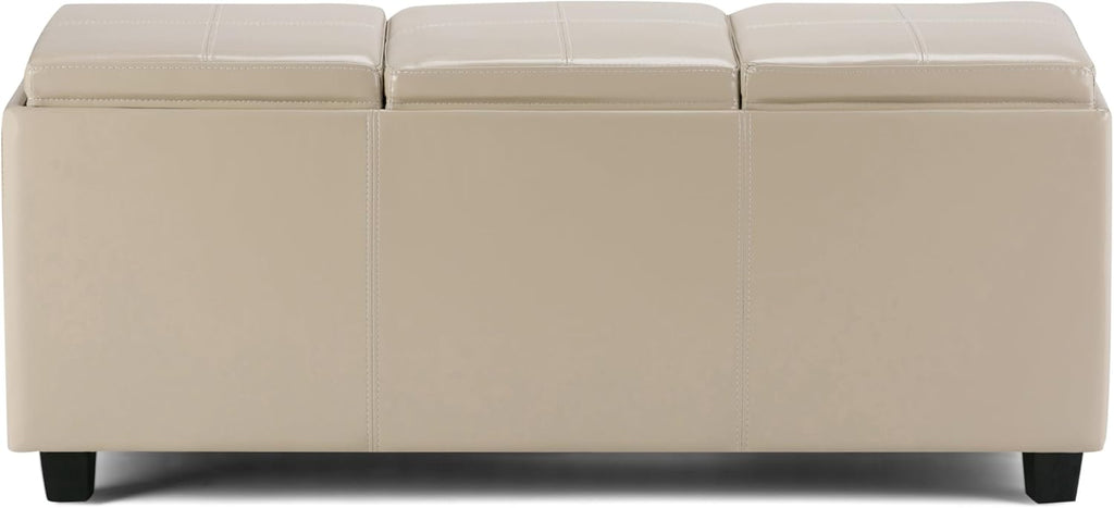 SIMPLIHOME Avalon Storage Ottoman - 42 inch Wide Upholstered Vegan Leather Rectangular Flip-Top Ottoman in Satin Cream, Contemporary Coffee Table Ottoman for Living Room with Hidden Storage