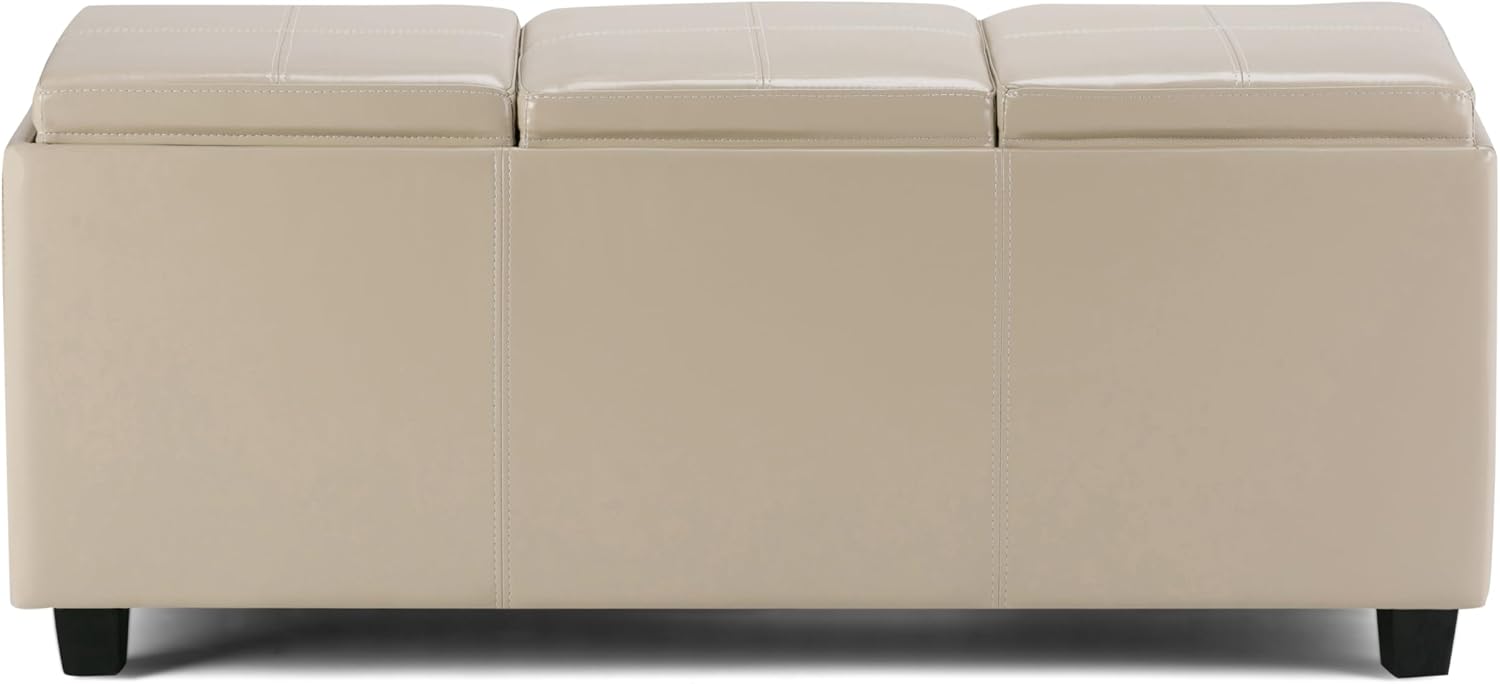 SIMPLIHOME Avalon Storage Ottoman - 42 inch Wide Upholstered Vegan Leather Rectangular Flip-Top Ottoman in Satin Cream, Contemporary Coffee Table Ottoman for Living Room with Hidden Storage