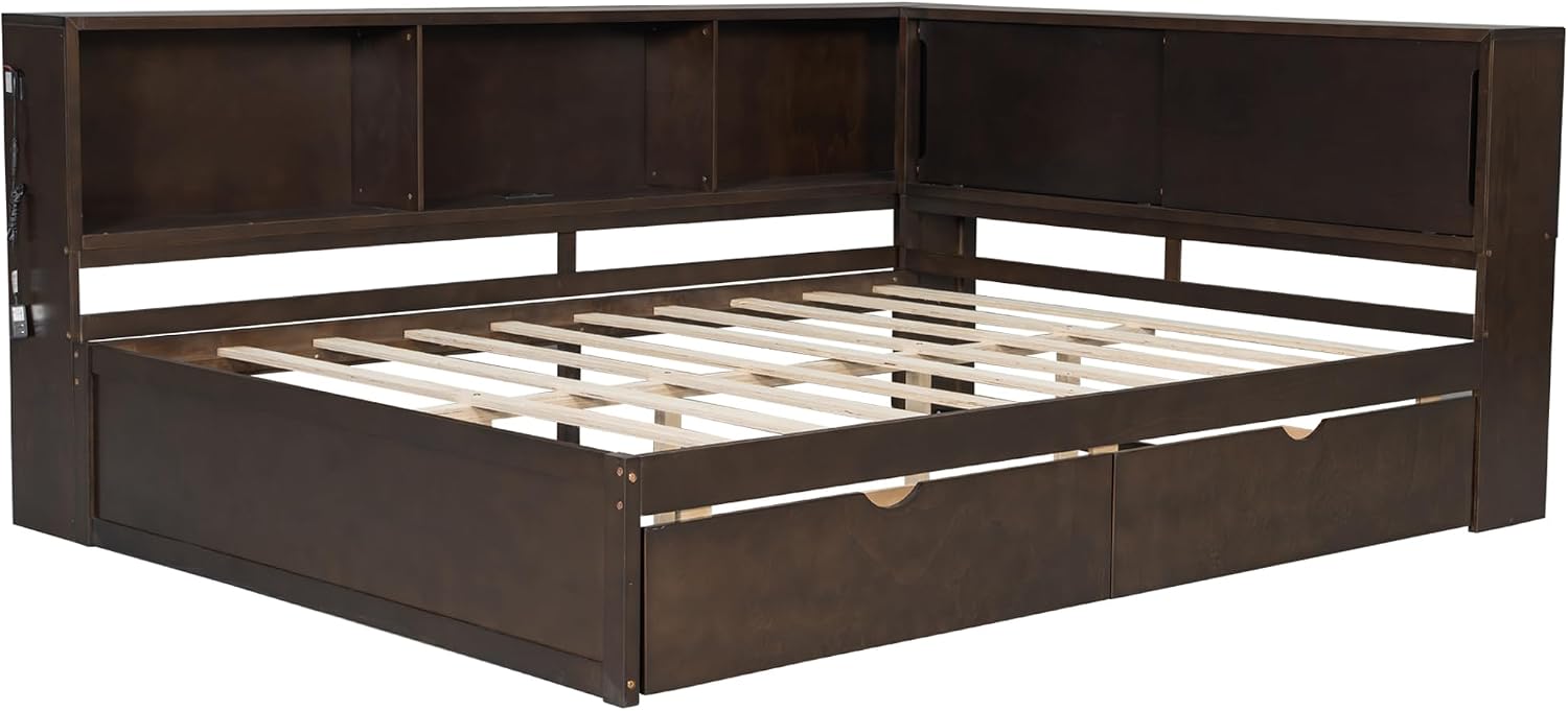 RuiSiSi Queen Size Daybed with L-Shape Bookshelf, Wood Corner Storage Bed Frame with Drawers and LED, Brown