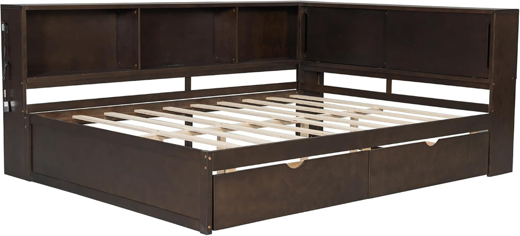 MERITLINE Queen Size Corner Bed with 2 Storage Drawers and Shelves, Wooden Daybed Frame with LED Lights and USB Ports, Modern Teenagers Bedframe, Brown