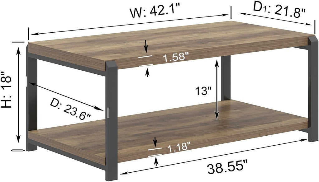 EXCEFUR Modern Coffee Table, Rustic Wood and Metal Center Table for Living Room, Industrial Rectangle Cocktail Tea Table with Storage, Oak