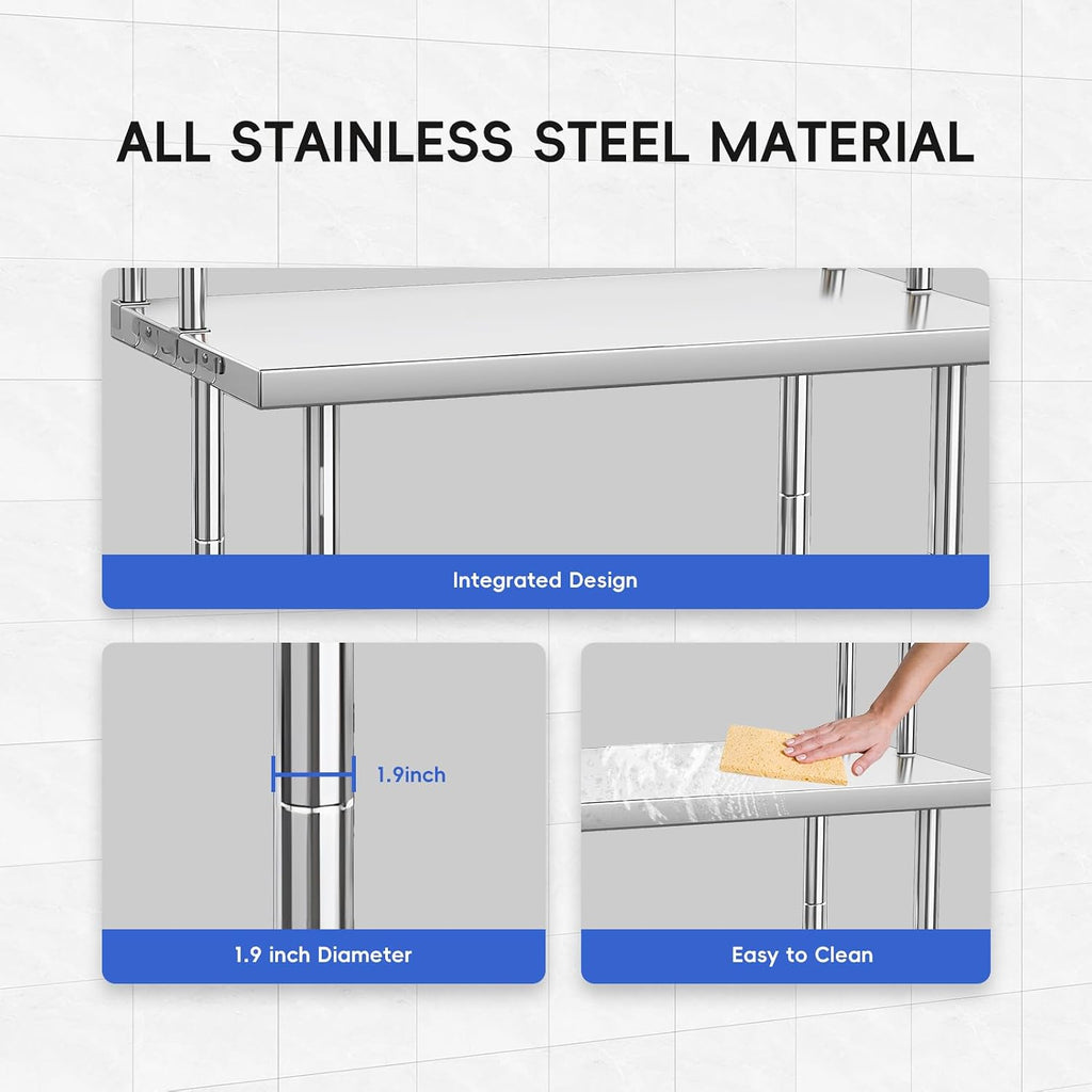 Garvee 36x24 in NSF Stainless Steel Prep Table with Adjustable Overshelves & Hooks – Commercial Kitchen Island for Restaurant, Home & Hotel, Heavy-Duty Workbench with Rust-Resistant Coating