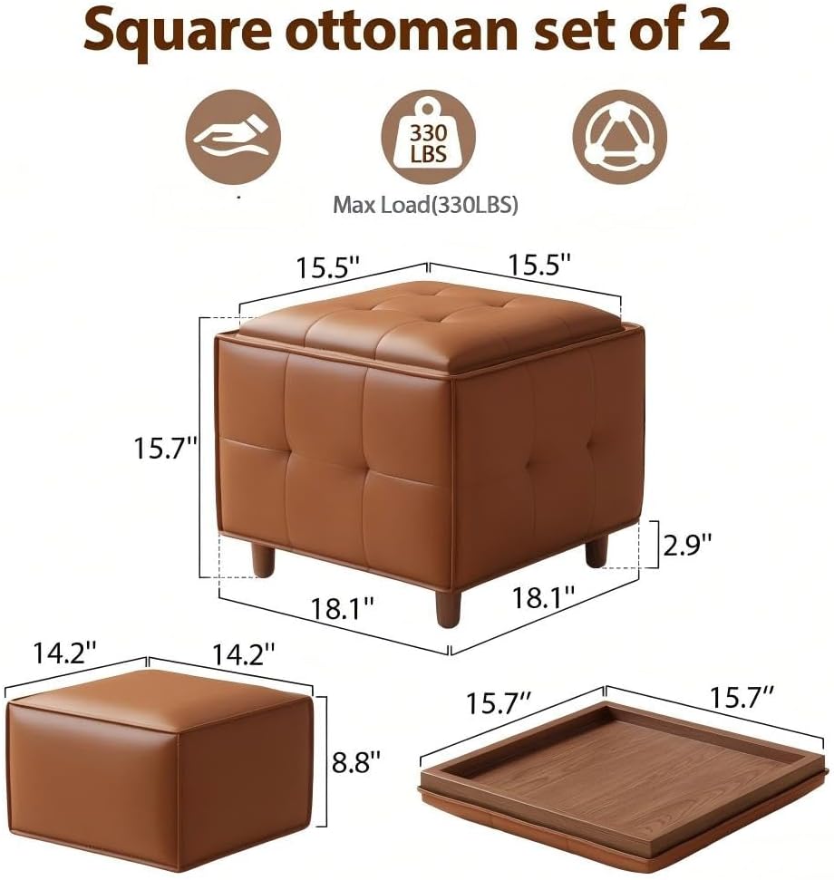 Square Ottoman with Storage Set of 2, Leather Coffee Table Ottoman, Multifunctional Foot Rest Stool with Storage for Living Room & Bedroom