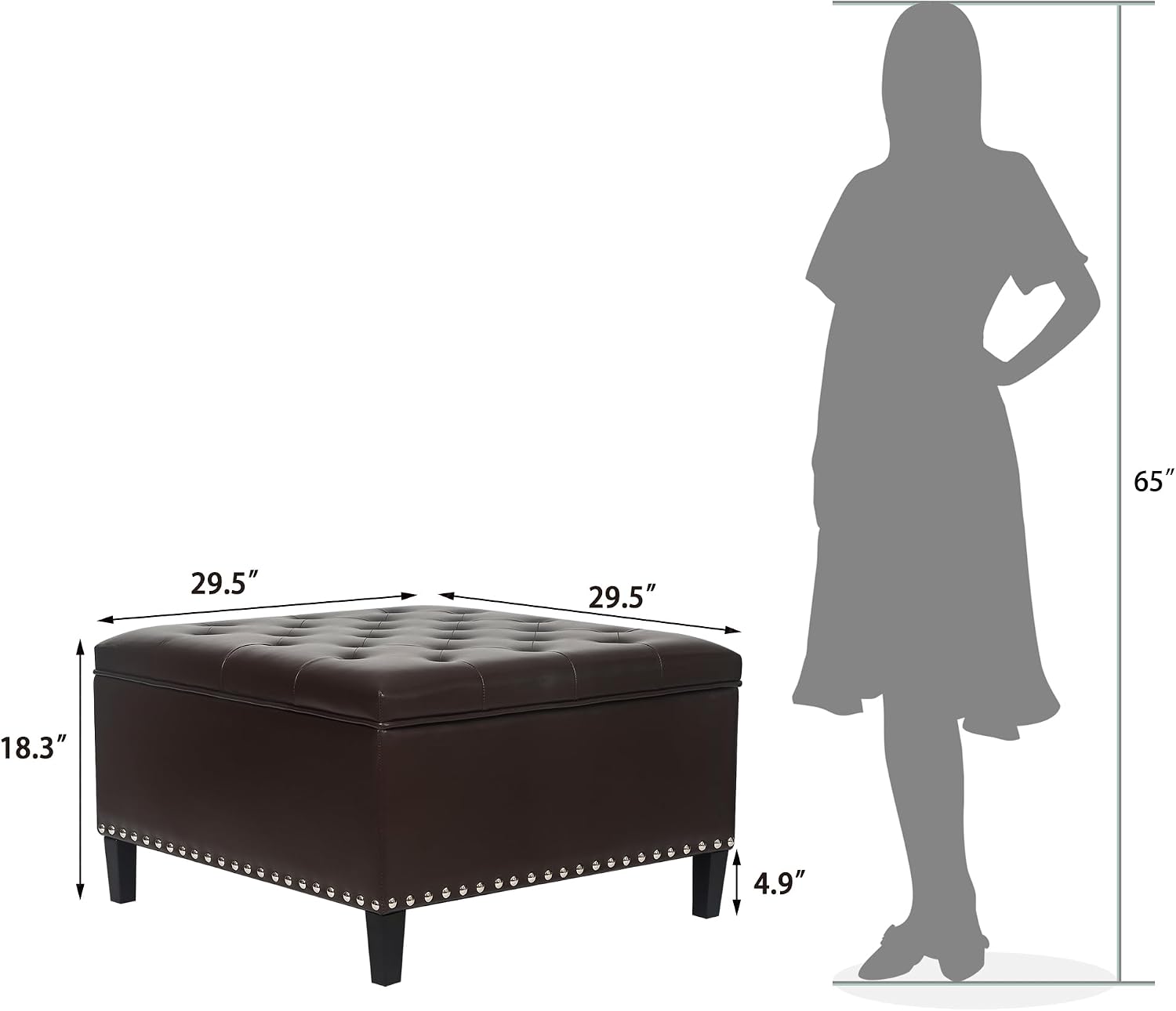 Joveco Storage Ottoman Square Leather Bench, Tufted Large Coffee Table with Wood Legs for Living Room Bedroom Entryway (Dark Brown)