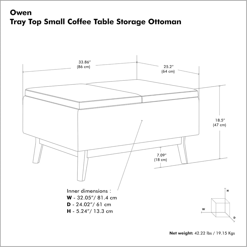 SIMPLIHOME Owen Small Coffee Table Storage Ottoman - 34 inch Wide Upholstered Vegan Leather Rectangle Ottoman in Distressed Pecan Brown, Mid-Century Modern Ottoman for Entryway with Serving Trays