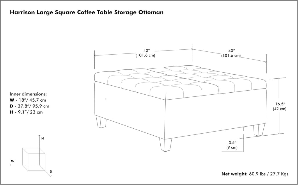 SIMPLIHOME Harrison Large Coffee Table Storage Ottoman - 40 inch Wide Upholstered Linen Look Fabric Square Lift-Top Ottoman in Cloud Grey, Transitional Bench for Living Room with Sturdy Base