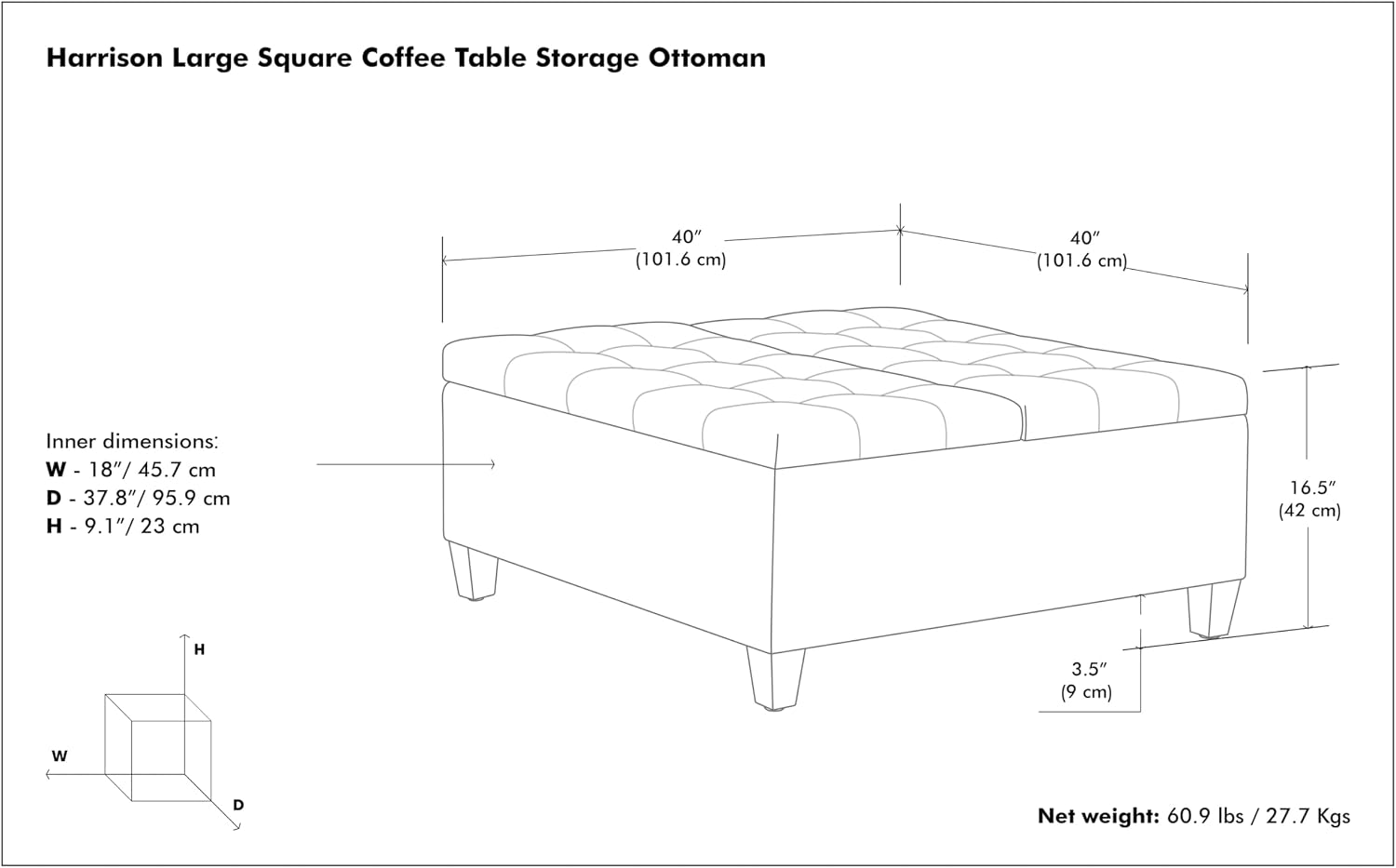 SIMPLIHOME Harrison Large Coffee Table Storage Ottoman - 40 inch Wide Upholstered Linen Look Fabric Square Lift-Top Ottoman in Cloud Grey, Transitional Bench for Living Room with Sturdy Base