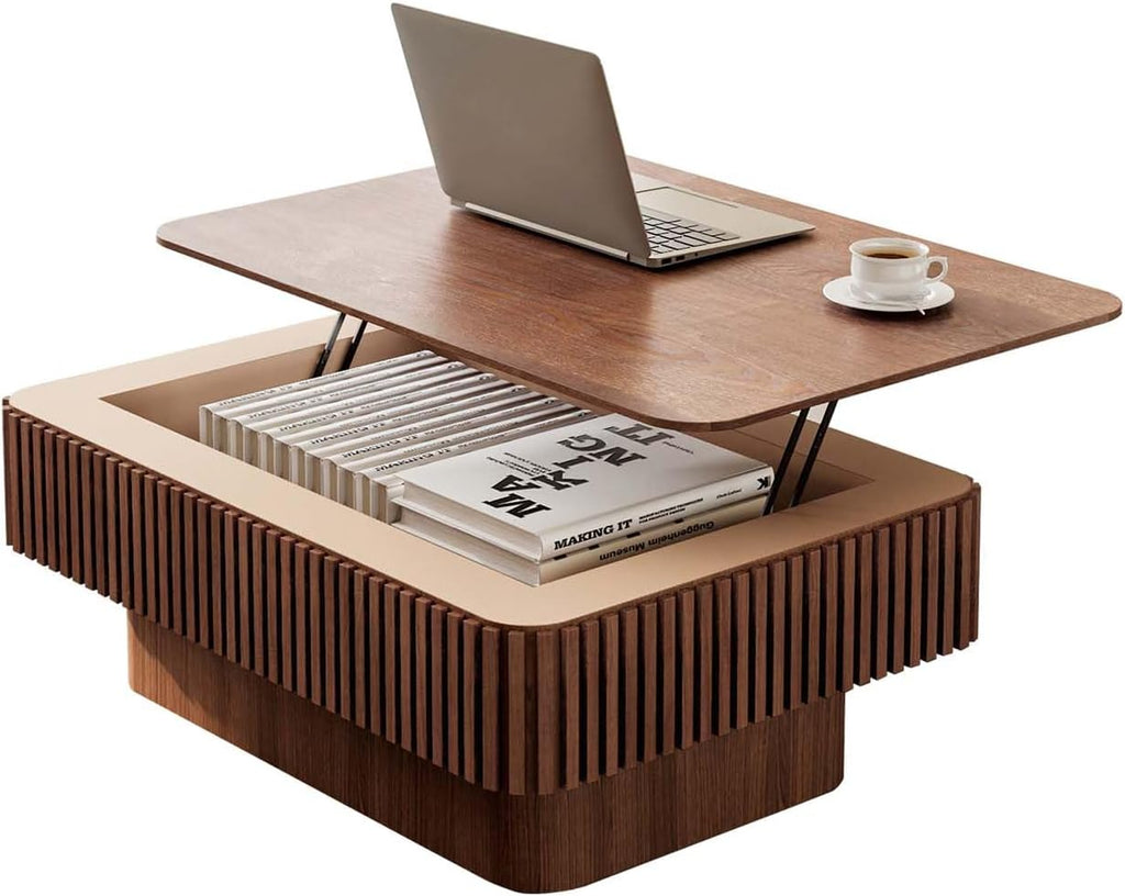 Lift Coffee Table with Storage & Adjustable Height, Solid Wood Coffee Table Fluted Center Table Accent Tea Table or Living Room, Apartment, Office (38.6' Walnut)