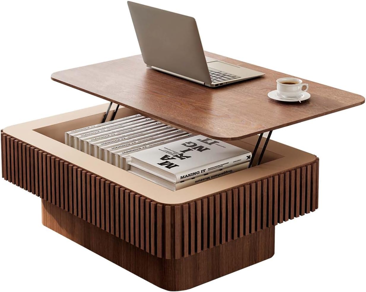 Lift Coffee Table with Storage & Adjustable Height, Solid Wood Coffee Table Fluted Center Table Accent Tea Table or Living Room, Apartment, Office (38.6' Walnut)