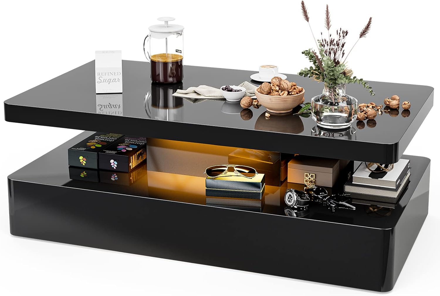 IKIFLY LED High Glossy Coffee Table, Modern Coffee Table for Living Room, 2 Tiers Rectangle Design Table with 16 Colors LED Lights Black