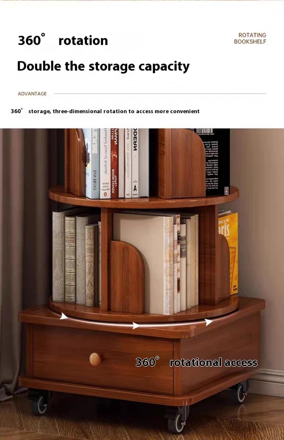 KEIKI 6 Tie Rotating Bookshelf with Drawers On Wheel, Corner Bookcase Display Shelf, 360 Display Corner Bookshelf for Bedroom, Living Room, Study Room, Walnut Brown
