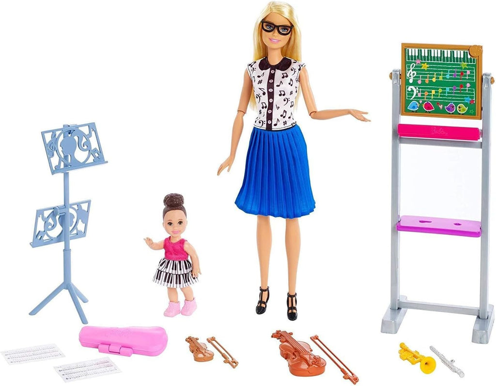 Barbie Music Teacher Doll, Blonde, and Playset with Flipping Chalkboard, Student Small Doll and 4 Musical Instruments