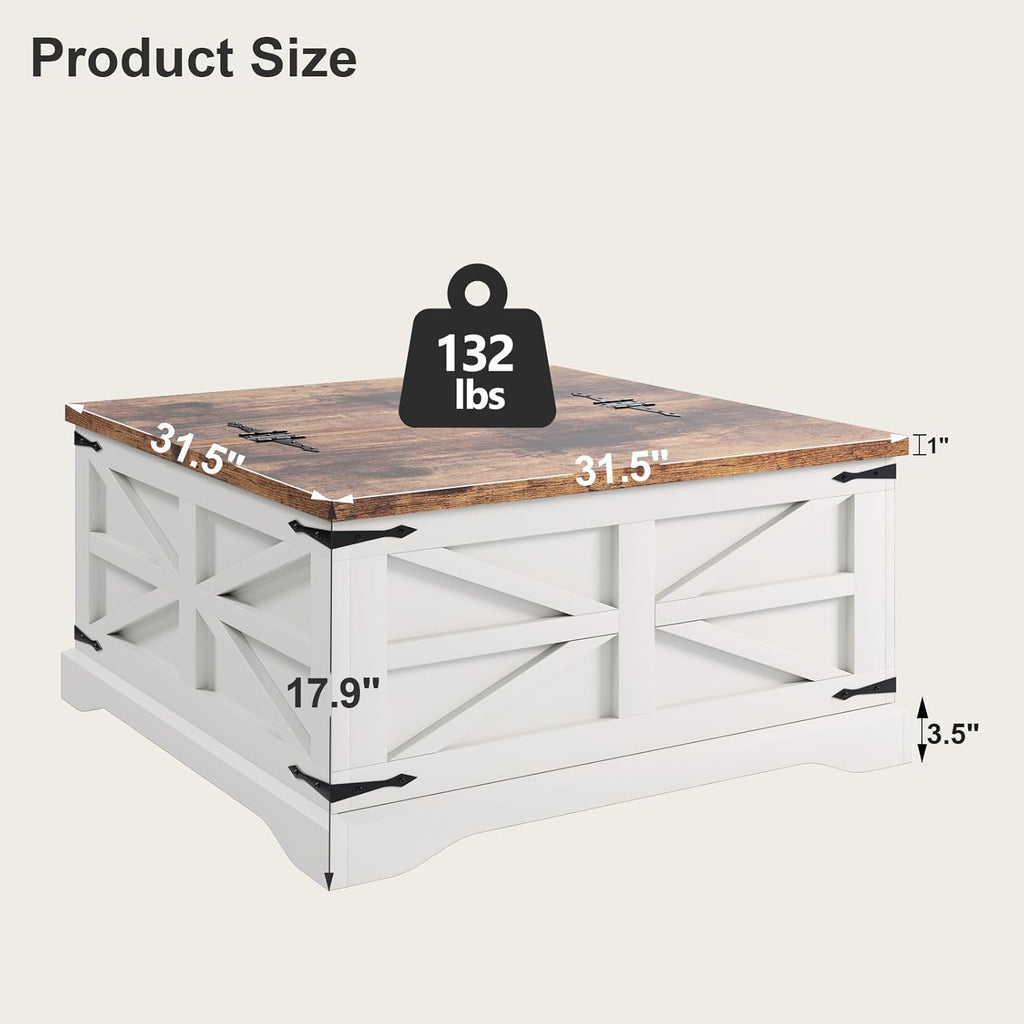 MXV Farmhouse Coffee Table with Storage, Square Coffee Tables for Living Room, Rustic Wood Center Table with Hinged Lifting Tabletop for Home, White