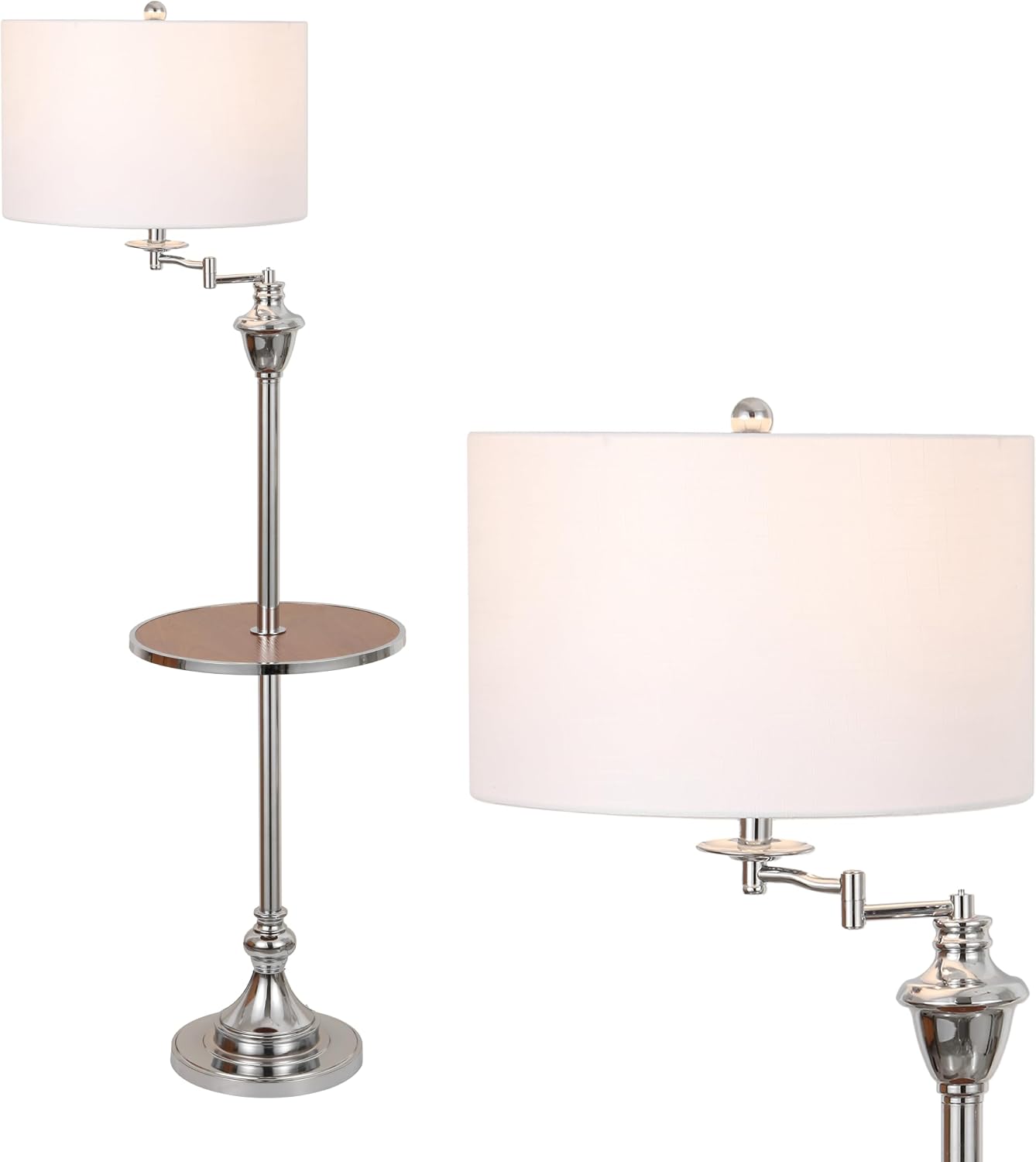 JONATHAN Y 60' Chrome Swing Arm Wood Integrated Side Tray Candlestick Tray Table Floor Lamp Traditional for Living Room Bedroom with White Linen Drum Shade LED Bulb Included JYL3055E