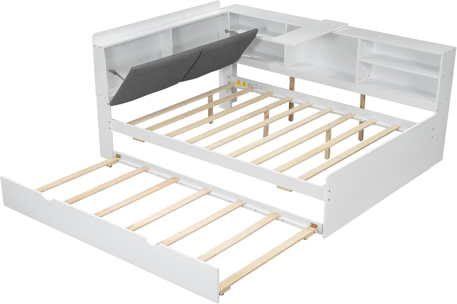 Full Size Bed with Storage Headboard, Full Daybed with Trundle and L-Shaped Shelves, Solid Wood Corner Platform Bed Frame with Storage for Apartment Bedroom, White