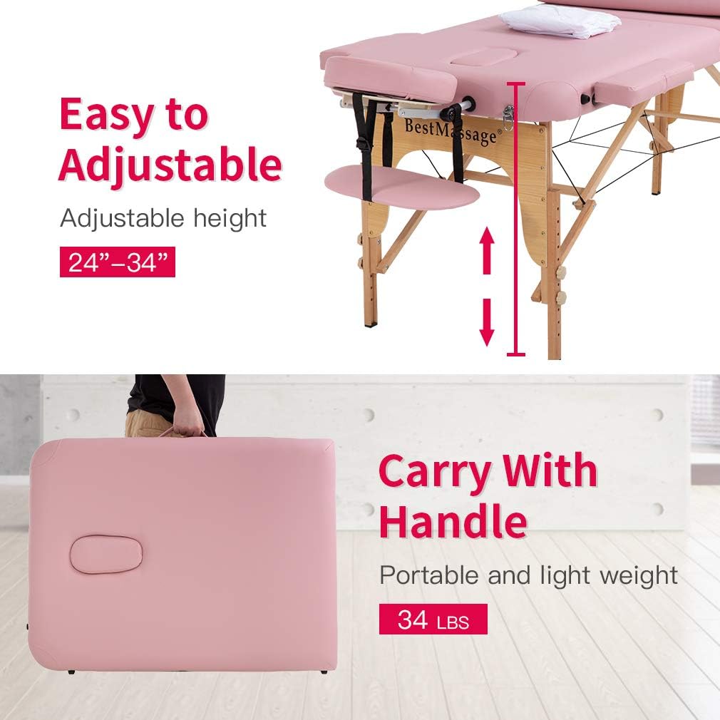 BestMassage Massage Bed Portable Massage Table 28 inch Wide Lash Bed Height Adjustable 2 Folding PU Leather with Towel Hanger Oil Pouch Half Bolster Round Bolster Non-Woven Bag