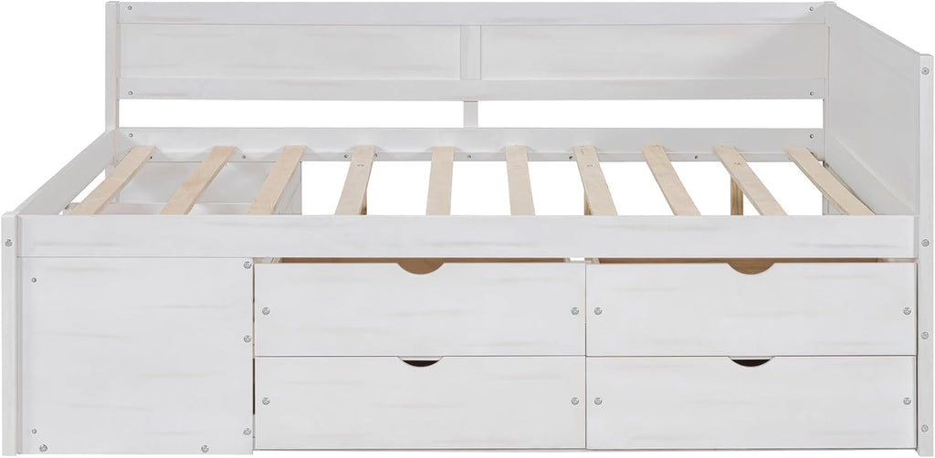 White Full Size L-Shaped Daybed with 4 Storage Drawers & Shelves,Wooden Corner Day Bed Frame with Headboard & Bookcase for Boys,Girls,Small Room,Guest Room,kids'Room,No Box Spring Needed