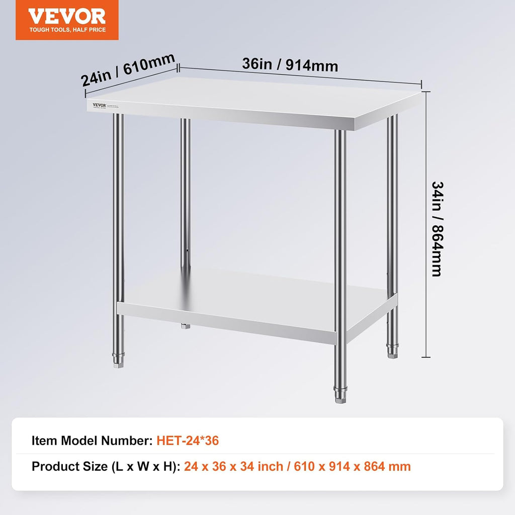 VEVOR Stainless Steel Prep Table, 24 x 36 x 34 Inch, 750 lbs Load Capacity, Heavy Duty Metal Worktable with 3 Adjustable Height Levels, Commercial Workstation for Kitchen Garage Restaurant Backyard