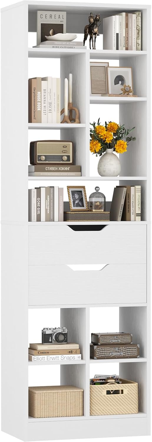 Armocity 9-Tier Tall Bookshelf with 2 Drawers, 79.7' Narrow Freestanding Bookcase, Space-Saving Wood Display Shelves Storage for Living Room, Home Office Bedroom, White