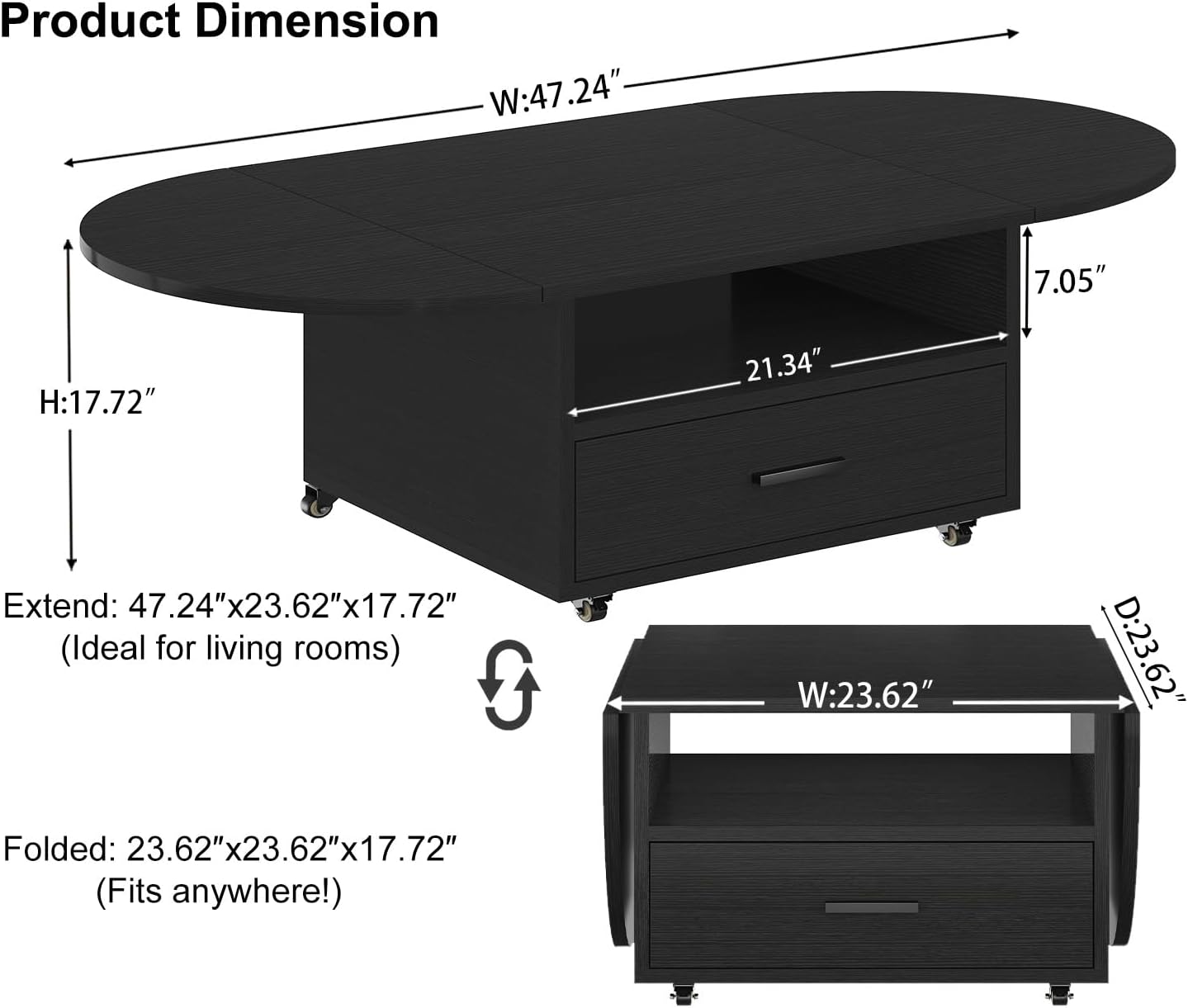 IBF Black Coffee Table with Drawer, Oval Foldable Center Table with Storage, Modern Wood Living Room Table with Wheels, Multifunctional Extendable Tea Table for Home Bedroom Office, Black Oak, 47 Inch