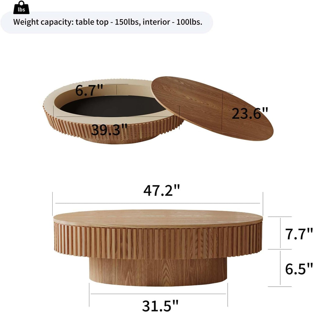 Oval Coffee Table with Storage, Modern Wooden Coffee Table with Solid Wood Veneered, Fluted Center Table Drum Tea Table for Living Room Apartment, 47.2''L×23.6''W×14.2''H